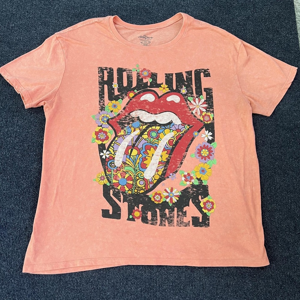 Rolling‎ Stones Shirt Youth XL 16-18 Pink Floral Tongue Graphic Tee T-Shirt